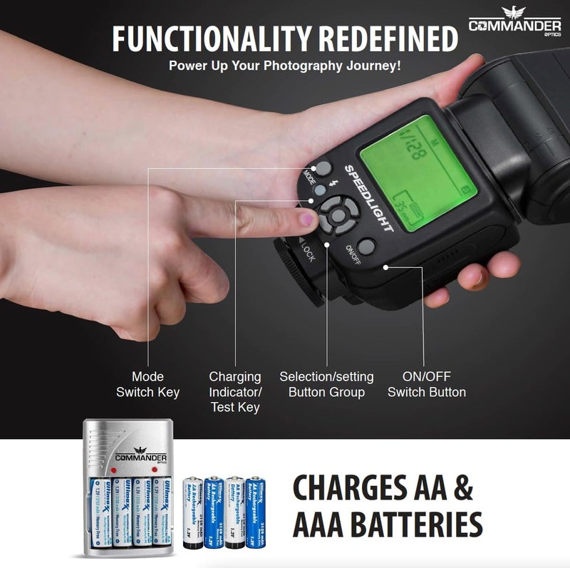 COMMANDER OPTICS E-TTL Flash Speedlite Bounce/Swivel LED Backlit with 4 Rechargeable AA Batteries for Canon Rebel T7, SL3, 4000D, 850D, 80D, 90D, R, RP, R5, R6, R8, 6D Mark II, 5D Mark IV & More - Image 4